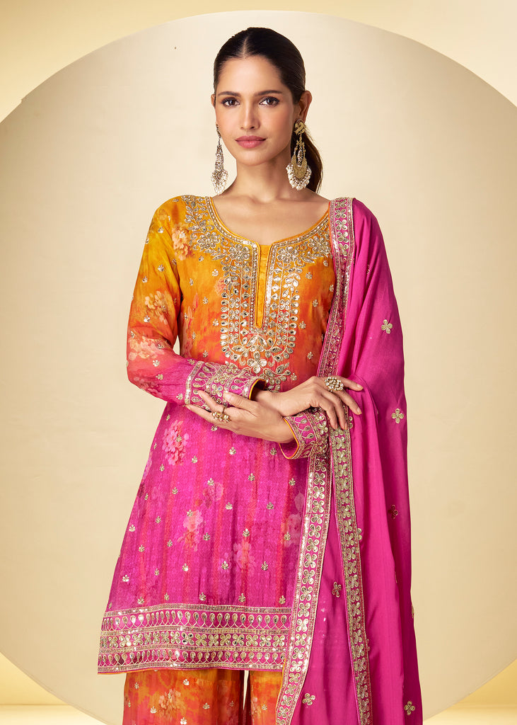Shaded Pink Yellow Designer Embroidered Chinon Silk Sharara Suit-Saira's Boutique