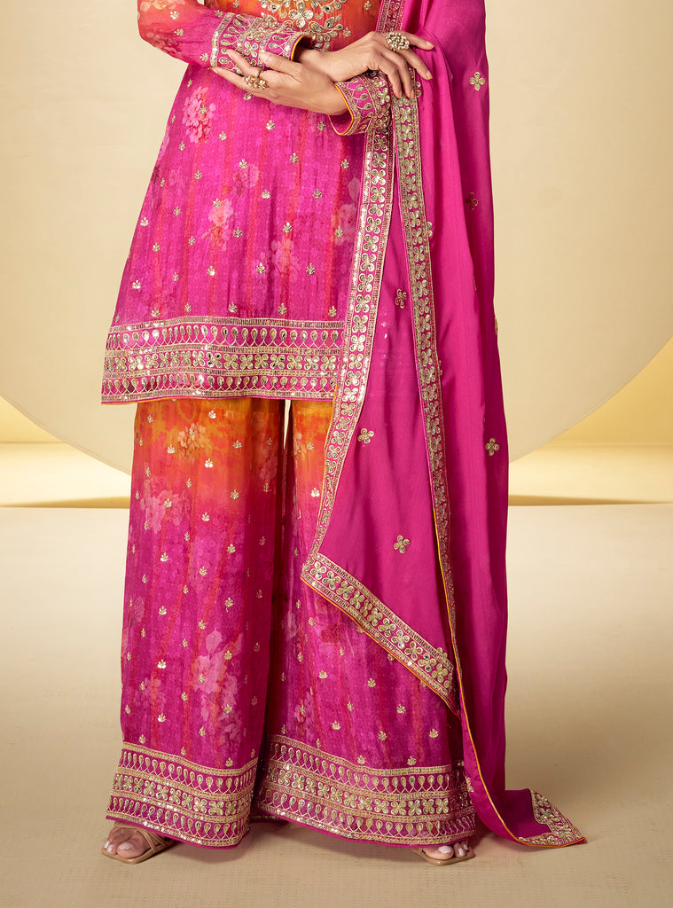 Shaded Pink Yellow Designer Embroidered Chinon Silk Sharara Suit-Saira's Boutique