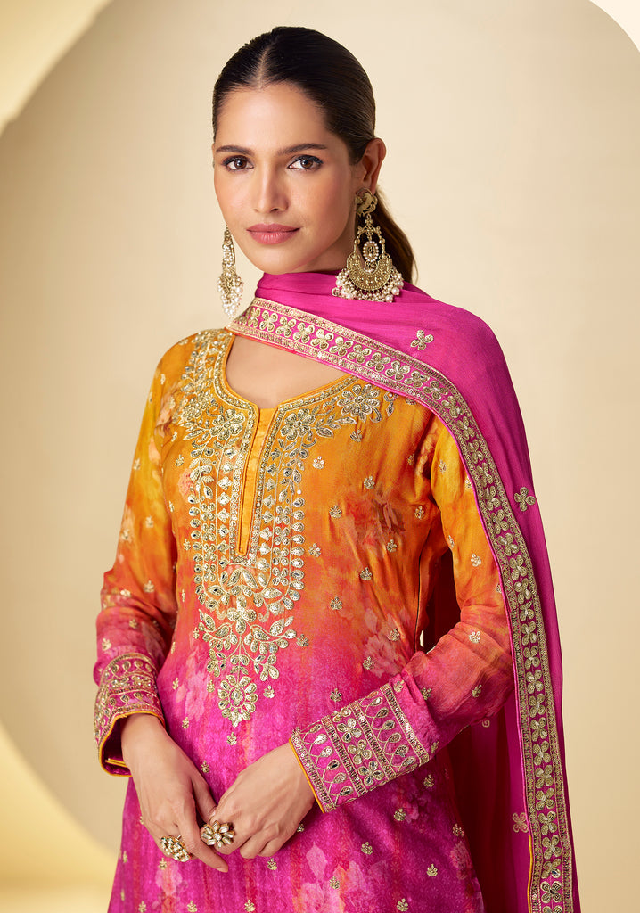 Shaded Pink Yellow Designer Embroidered Chinon Silk Sharara Suit-Saira's Boutique