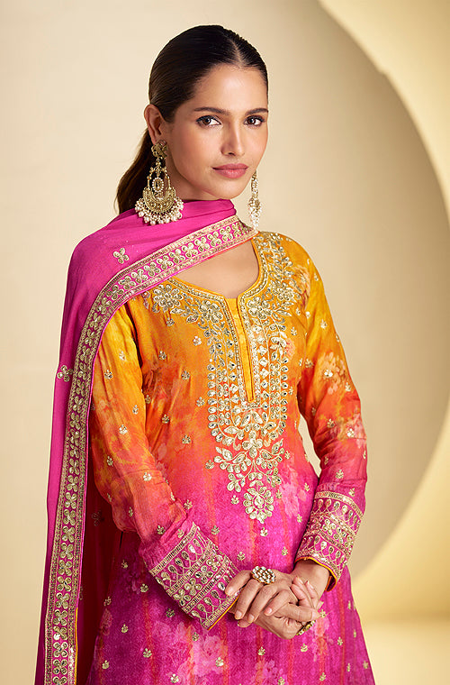 Shaded Pink Yellow Designer Embroidered Chinon Silk Sharara Suit-Saira's Boutique