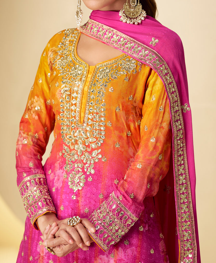 Shaded Pink Yellow Designer Embroidered Chinon Silk Sharara Suit-Saira's Boutique