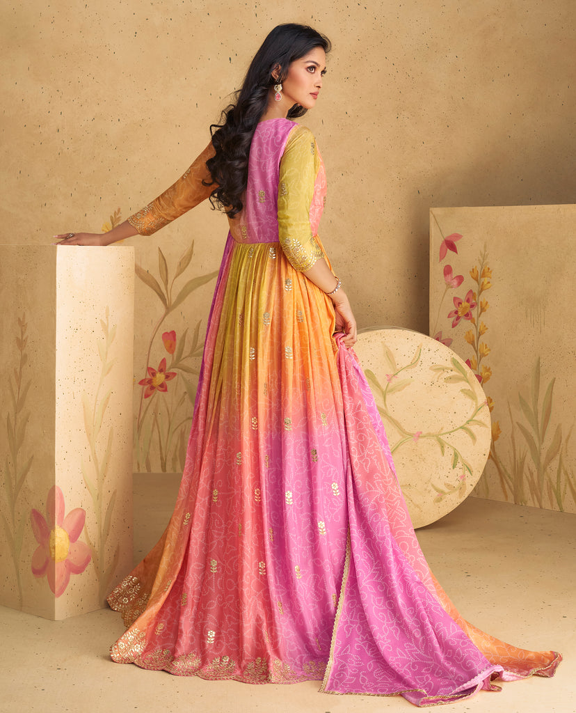 Shaded Pink Yellow Designer Embroidered Pure Chinon Silk Party Wear Gown-Saira's Boutique