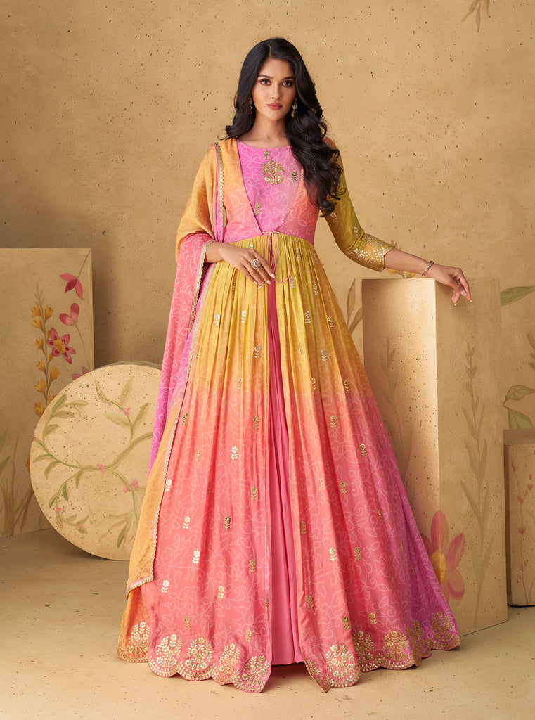 Shaded Pink Yellow Designer Embroidered Pure Chinon Silk Party Wear Gown-Saira's Boutique