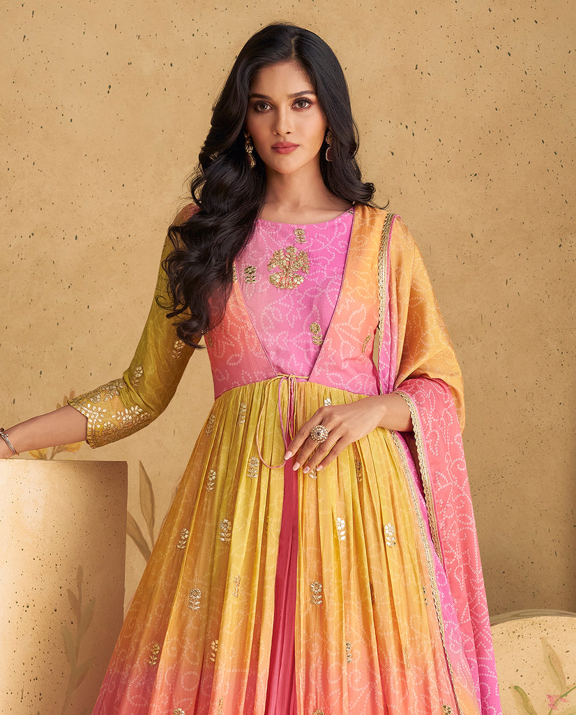 Shaded Pink Yellow Designer Embroidered Pure Chinon Silk Party Wear Gown-Saira's Boutique