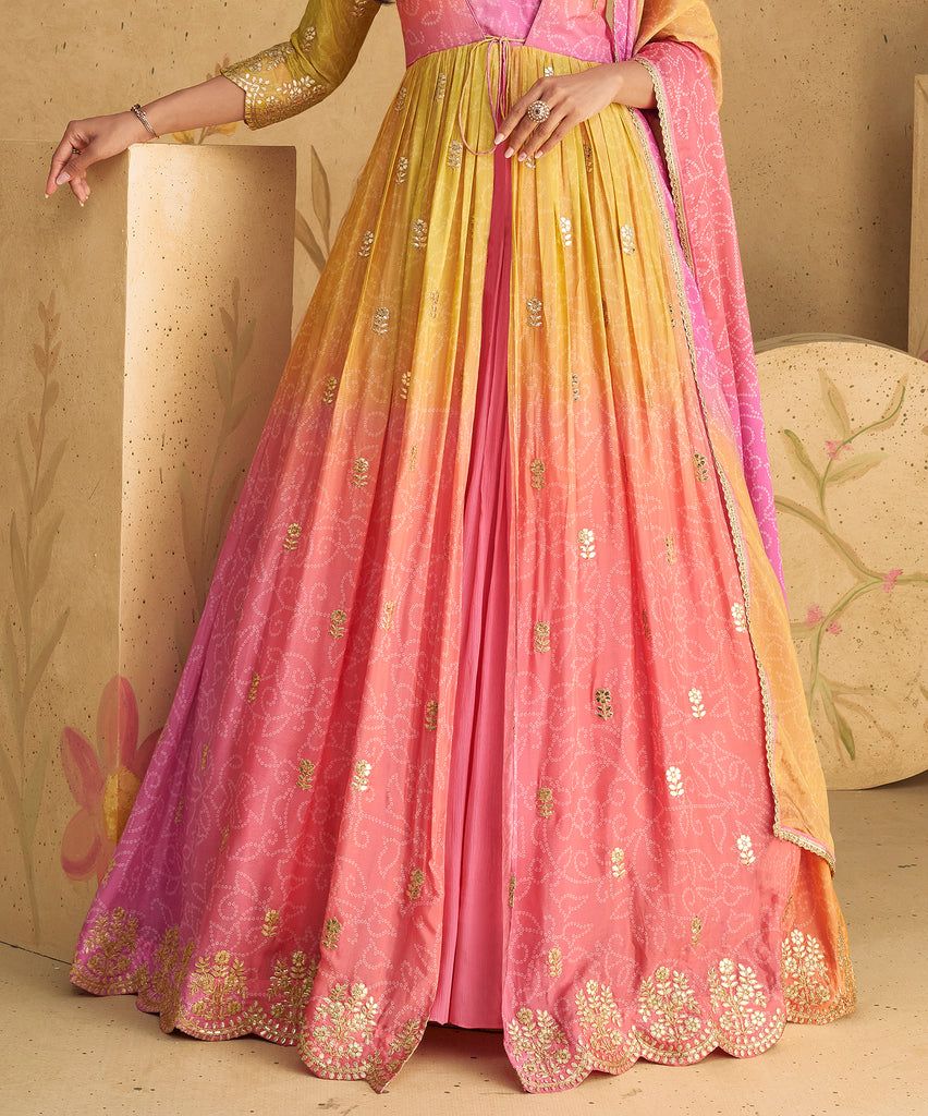 Shaded Pink Yellow Designer Embroidered Pure Chinon Silk Party Wear Gown-Saira's Boutique