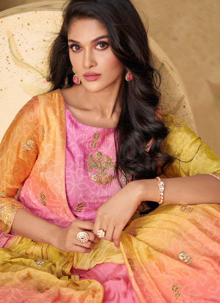 Shaded Pink Yellow Designer Embroidered Pure Chinon Silk Party Wear Gown-Saira's Boutique