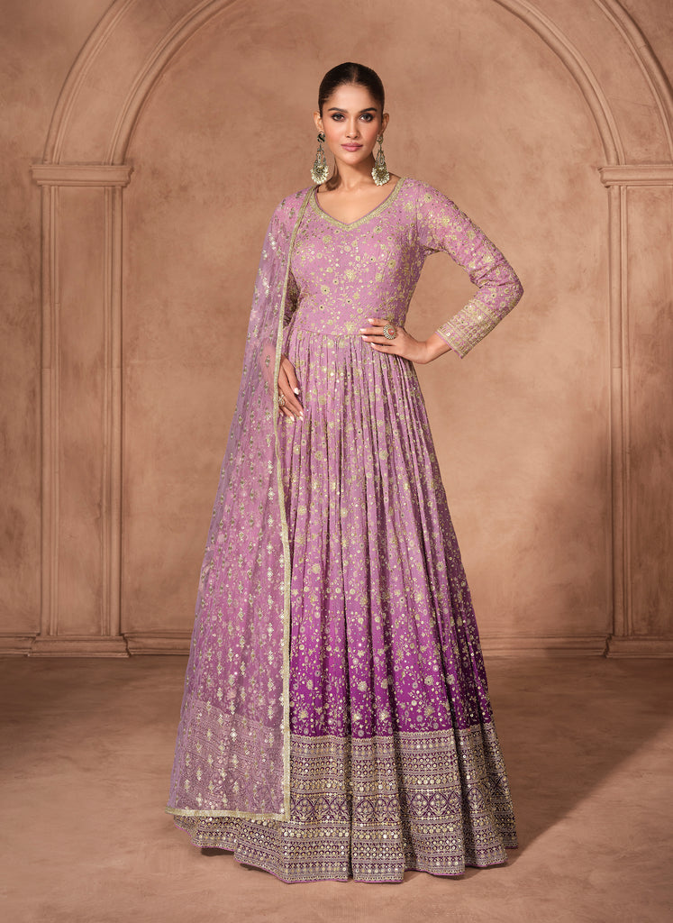 Shaded Purple Designer Heavy Embroidered Pure Georgette Wedding Anarkali Gown-Saira's Boutique
