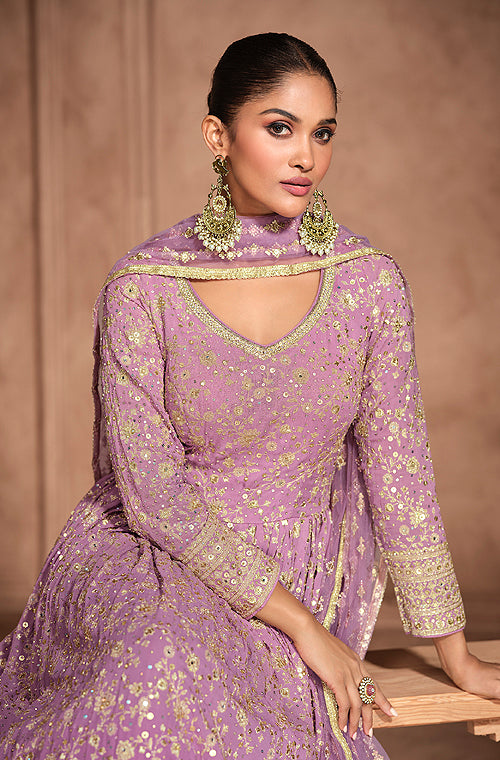 Shaded Purple Designer Heavy Embroidered Pure Georgette Wedding Anarkali Gown-Saira's Boutique