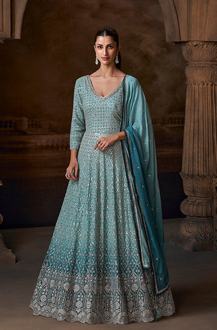 Winter Green Designer Embroidered Chinon Silk Party Wear Palazzo Suit