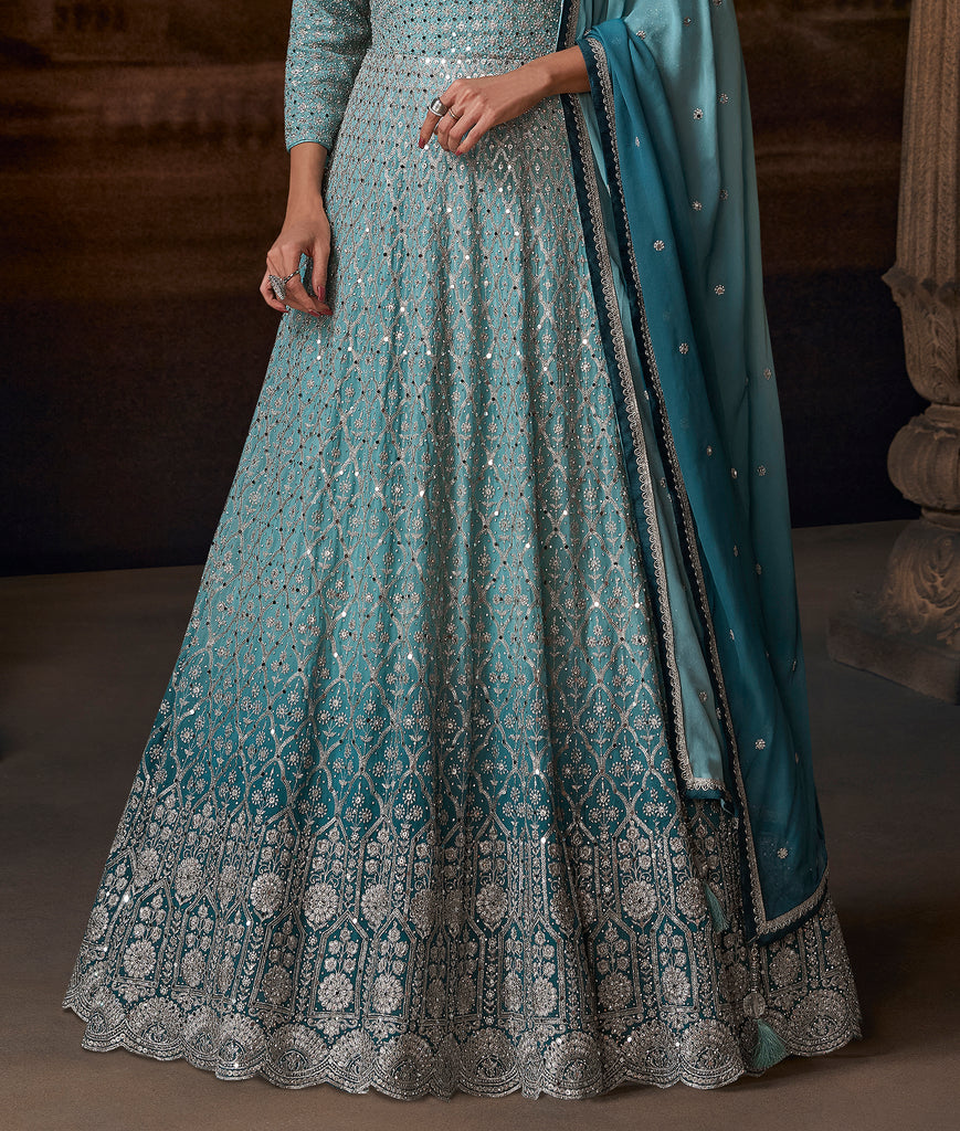 Shaded Teal Designer Heavy Embroidered Pure Georgette Wedding Anarkali Gown-Saira's Boutique