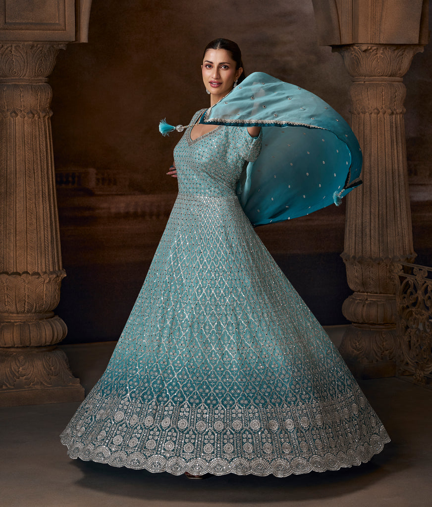 Shaded Teal Designer Heavy Embroidered Pure Georgette Wedding Anarkali Gown-Saira's Boutique