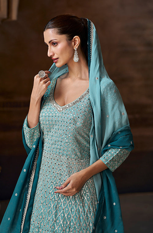 Shaded Teal Designer Heavy Embroidered Pure Georgette Wedding Anarkali Gown-Saira's Boutique