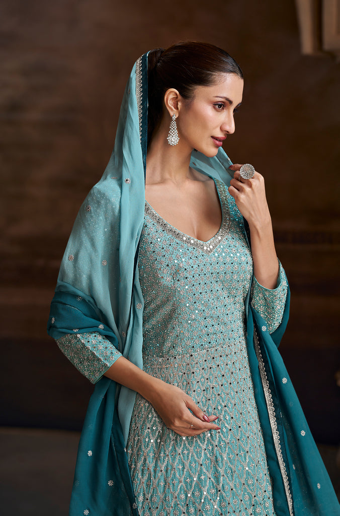 Shaded Teal Designer Heavy Embroidered Pure Georgette Wedding Anarkali Gown-Saira's Boutique