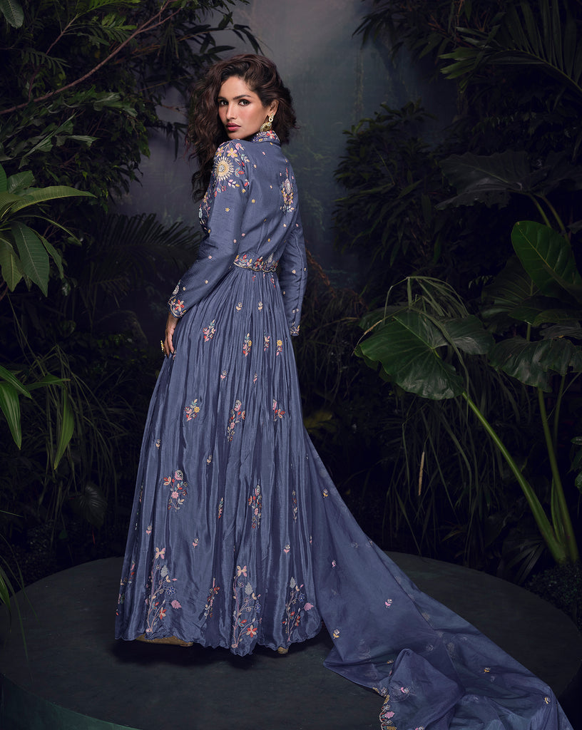 Slate Blue Designer Embroidered Chinon Silk Party Wear Anarkali Suit-Saira's Boutique