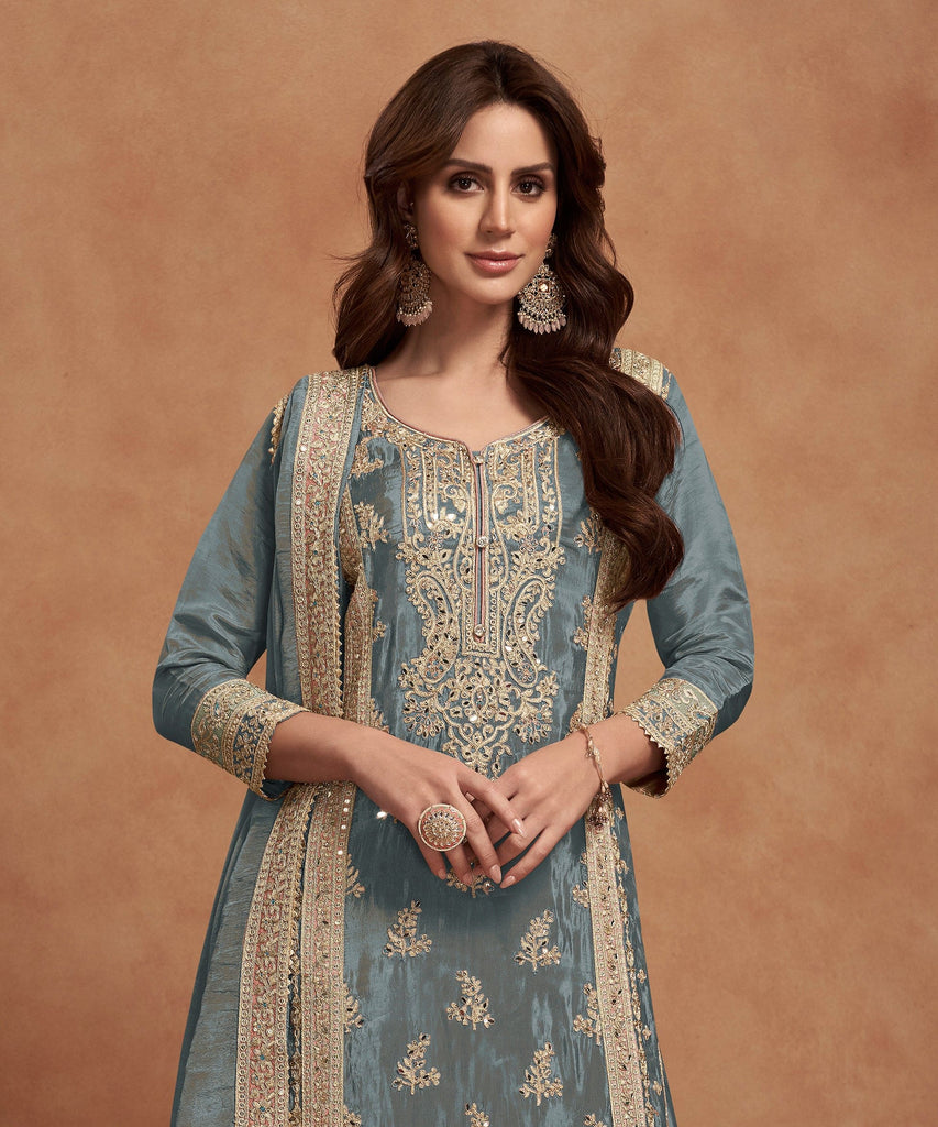 Slate Blue Designer Embroidered Fancy Silk Party Wear Suit-Saira's Boutique