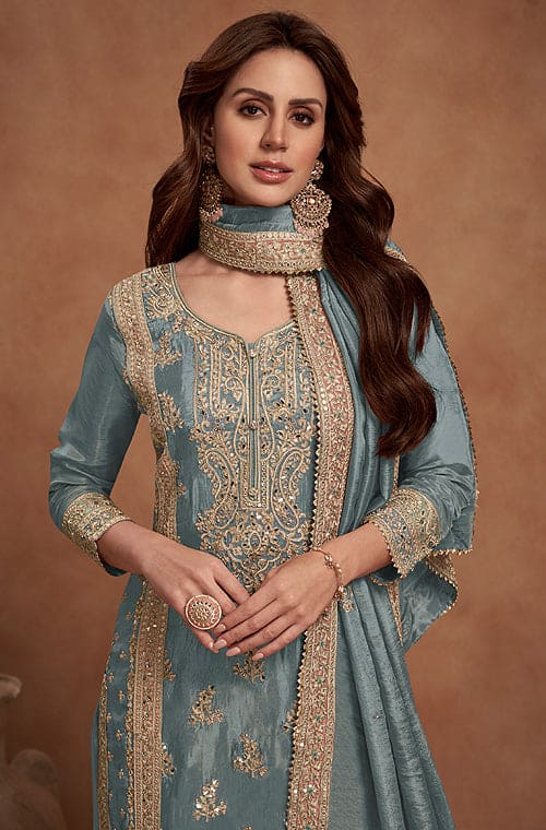 Slate Blue Designer Embroidered Fancy Silk Party Wear Suit-Saira's Boutique