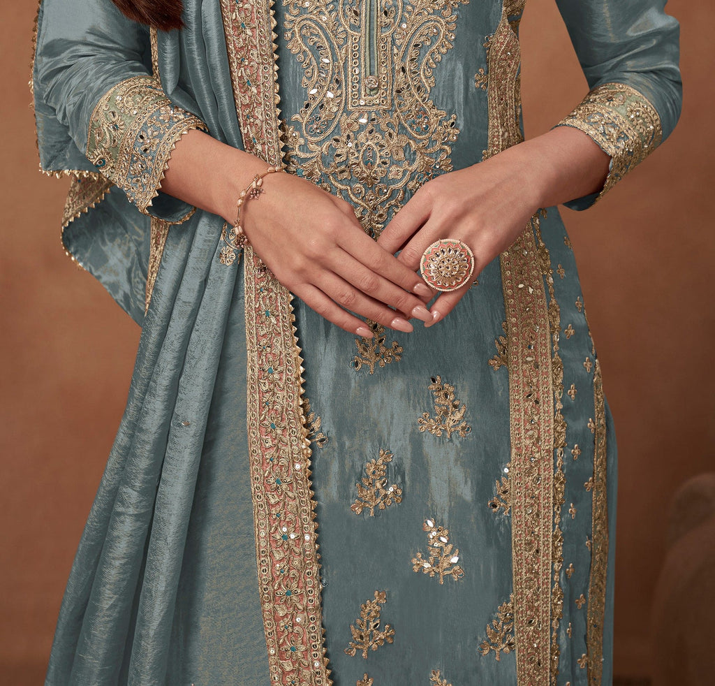 Slate Blue Designer Embroidered Fancy Silk Party Wear Suit-Saira's Boutique