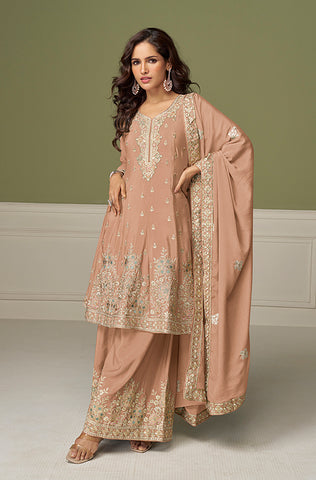 Winter Green Designer Embroidered Chinon Silk Party Wear Palazzo Suit
