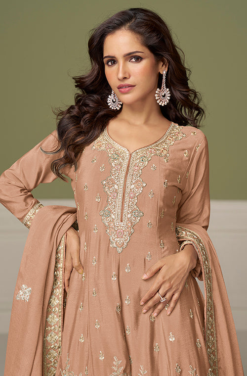 Taupe Designer Embroidered Party Wear Kurti Style Palazzo Suit-Saira's Boutique
