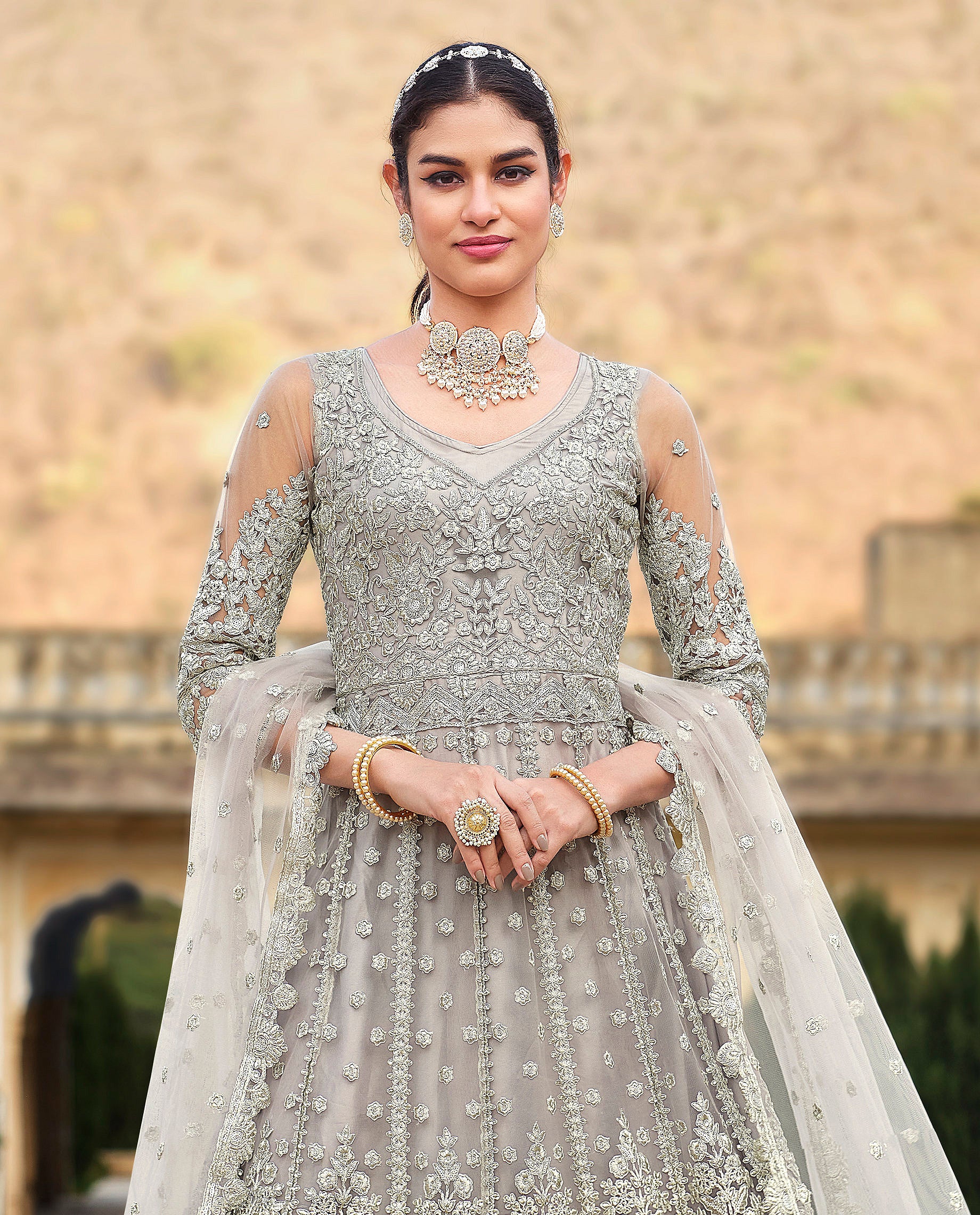 Taupe Designer Heavy Embroidered Wedding Anarkali Suit | Saira's Boutique