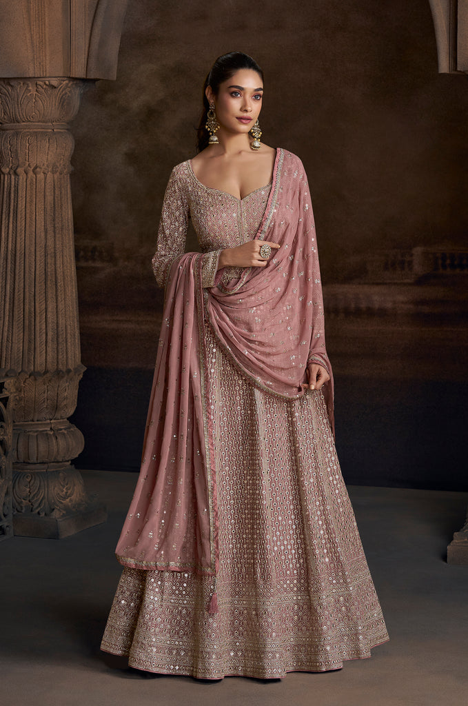 Taupe Pink Designer Heavy Embroidered Pure Georgette Wedding Anarkali Gown-Saira's Boutique