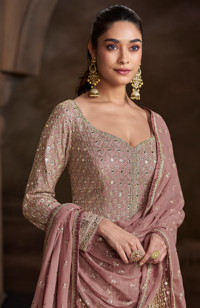Taupe Pink Designer Heavy Embroidered Pure Georgette Wedding Anarkali Gown-Saira's Boutique