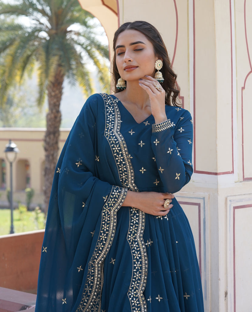 Teal Blue Designer Embroidered Faux Georgette Wedding Anarkali Suit-Saira's Boutique