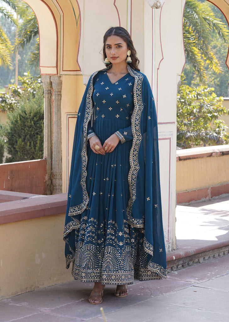 Teal Blue Designer Embroidered Faux Georgette Wedding Anarkali Suit-Saira's Boutique