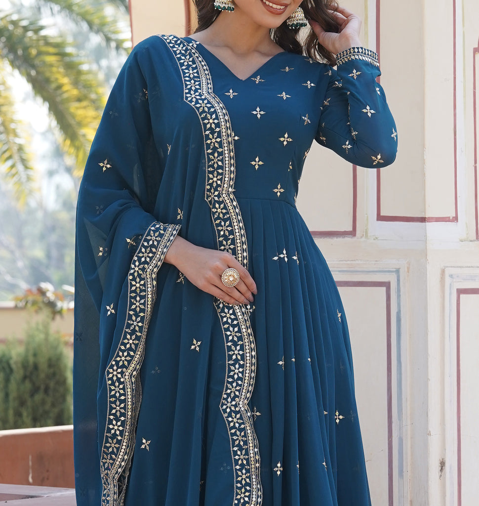 Teal Blue Designer Embroidered Faux Georgette Wedding Anarkali Suit-Saira's Boutique
