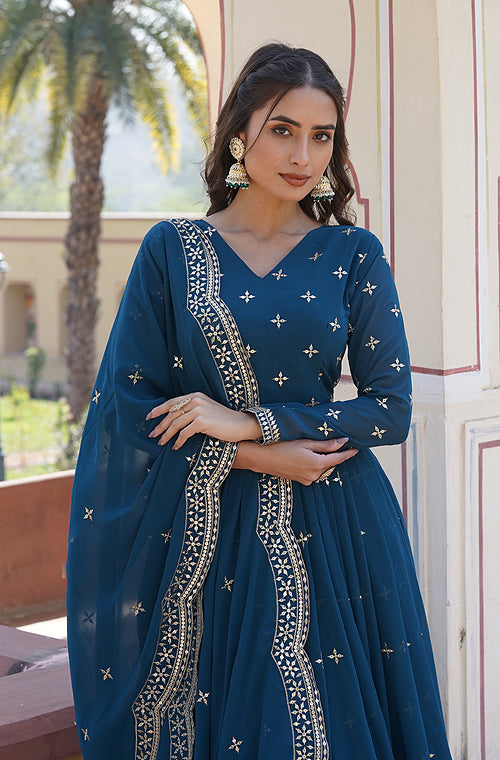 Teal Blue Designer Embroidered Faux Georgette Wedding Anarkali Suit-Saira's Boutique