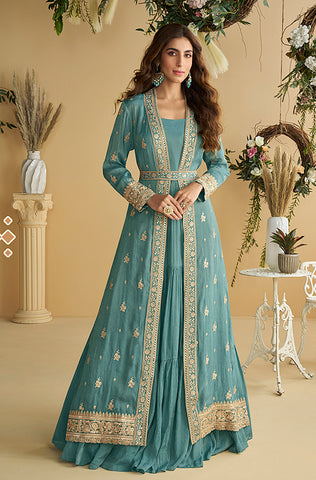 Winter Green Designer Embroidered Chinon Silk Party Wear Palazzo Suit