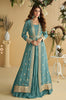 Teal Blue Designer Embroidered Party Wear Shrug Style Gown with Belt-Saira's Boutique