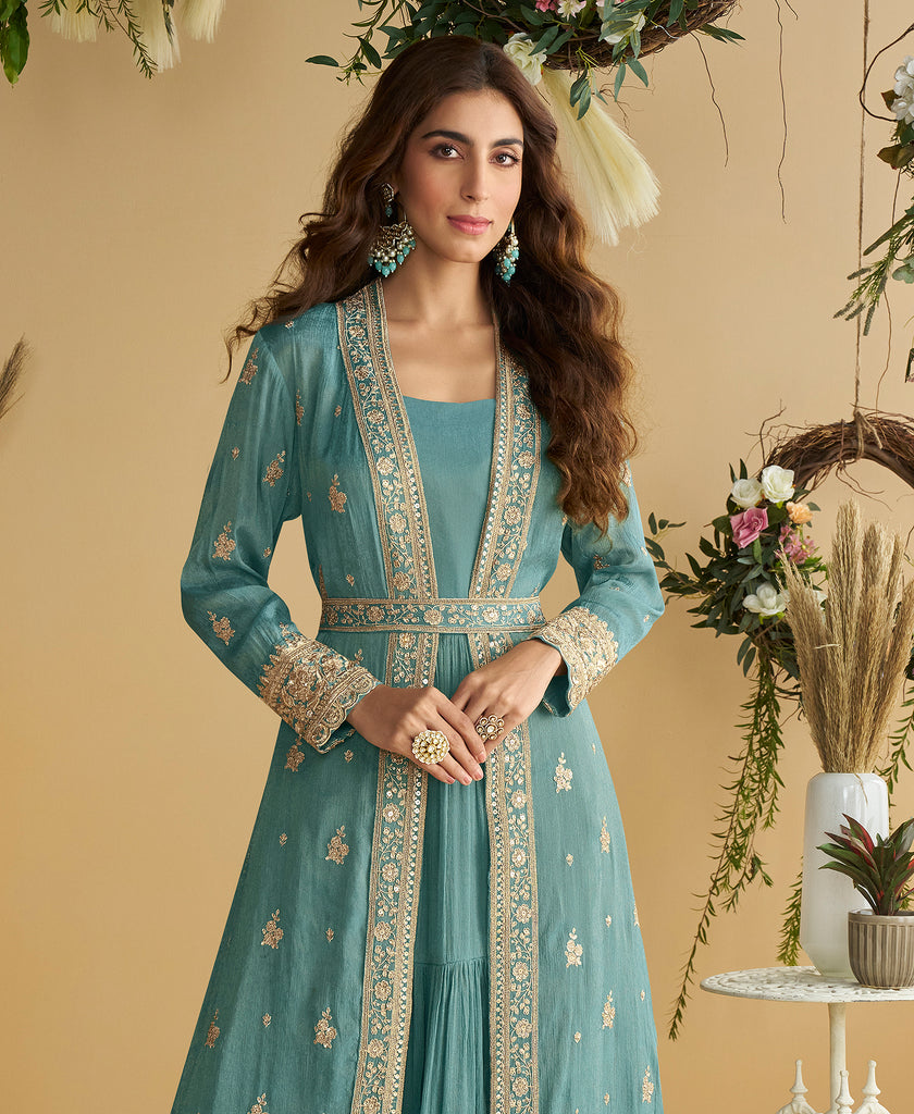 Teal Blue Designer Embroidered Party Wear Shrug Style Gown with Belt-Saira's Boutique