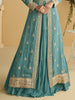 Teal Blue Designer Embroidered Party Wear Shrug Style Gown with Belt-Saira's Boutique