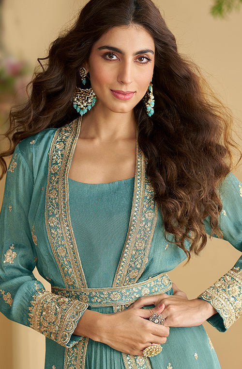 Teal Blue Designer Embroidered Party Wear Shrug Style Gown with Belt-Saira's Boutique