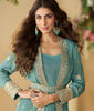 Teal Blue Designer Embroidered Party Wear Shrug Style Gown with Belt-Saira's Boutique