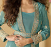 Teal Blue Designer Embroidered Party Wear Shrug Style Gown with Belt-Saira's Boutique