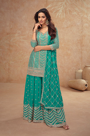 Mehendi Green Designer Embroidered Wedding Sharara Suit