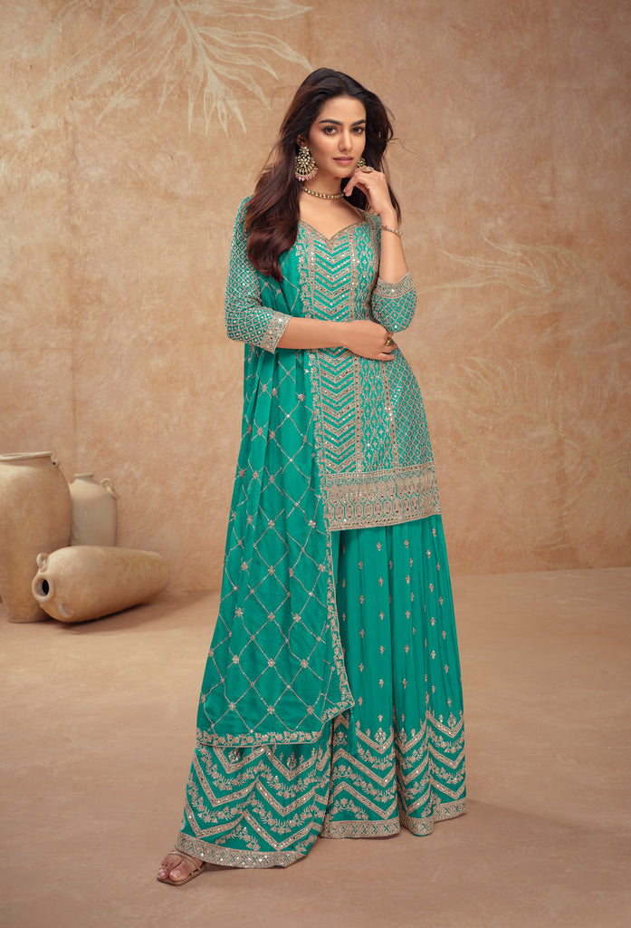 Teal Green Designer Embroidered Wedding Sharara Suit-Saira's Boutique