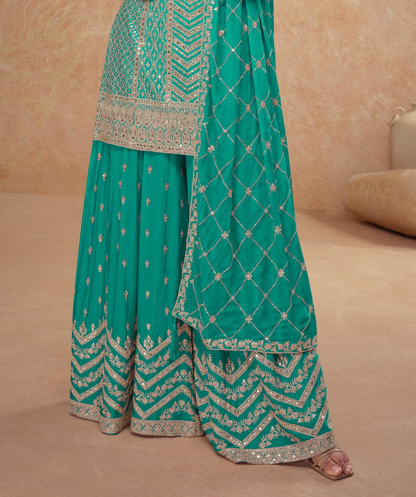 Teal Green Designer Embroidered Wedding Sharara Suit-Saira's Boutique