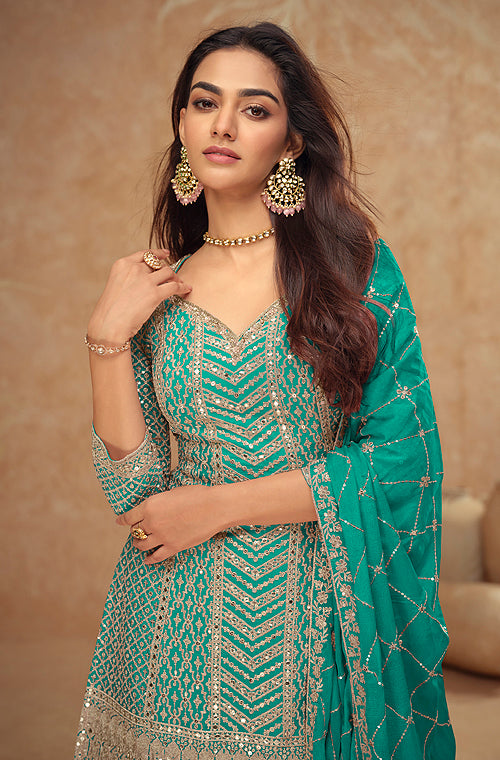 Teal Green Designer Embroidered Wedding Sharara Suit-Saira's Boutique