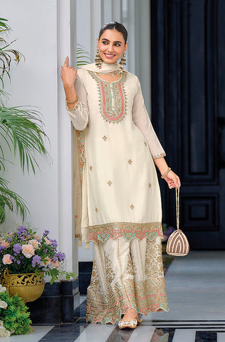 Olive Designer Embroidered Chinon Silk Party Wear Palazzo Suit