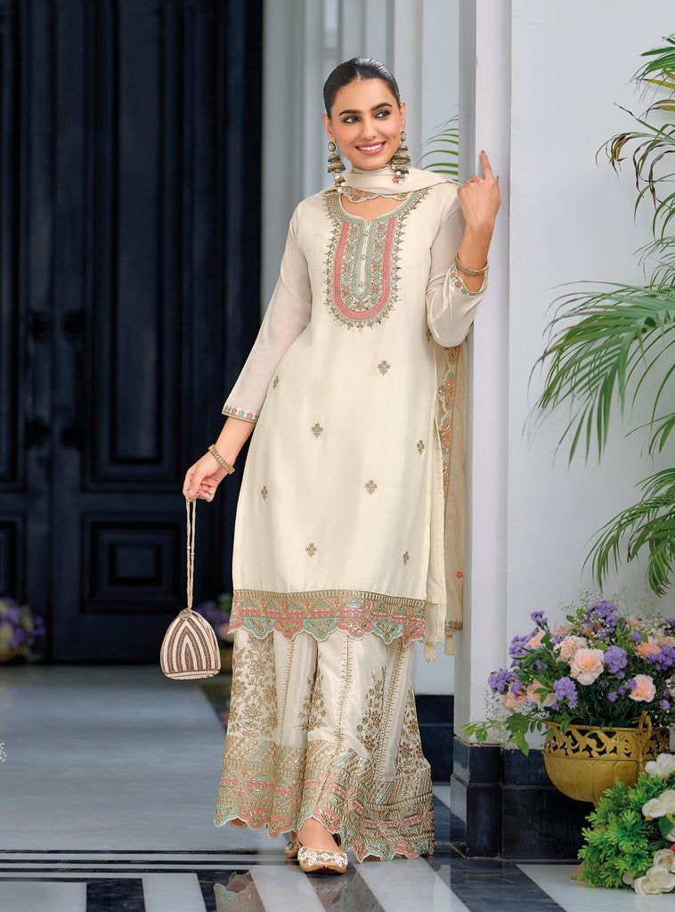 White Designer Embroidered Chinon Silk Party Wear Palazzo Suit-Saira's Boutique