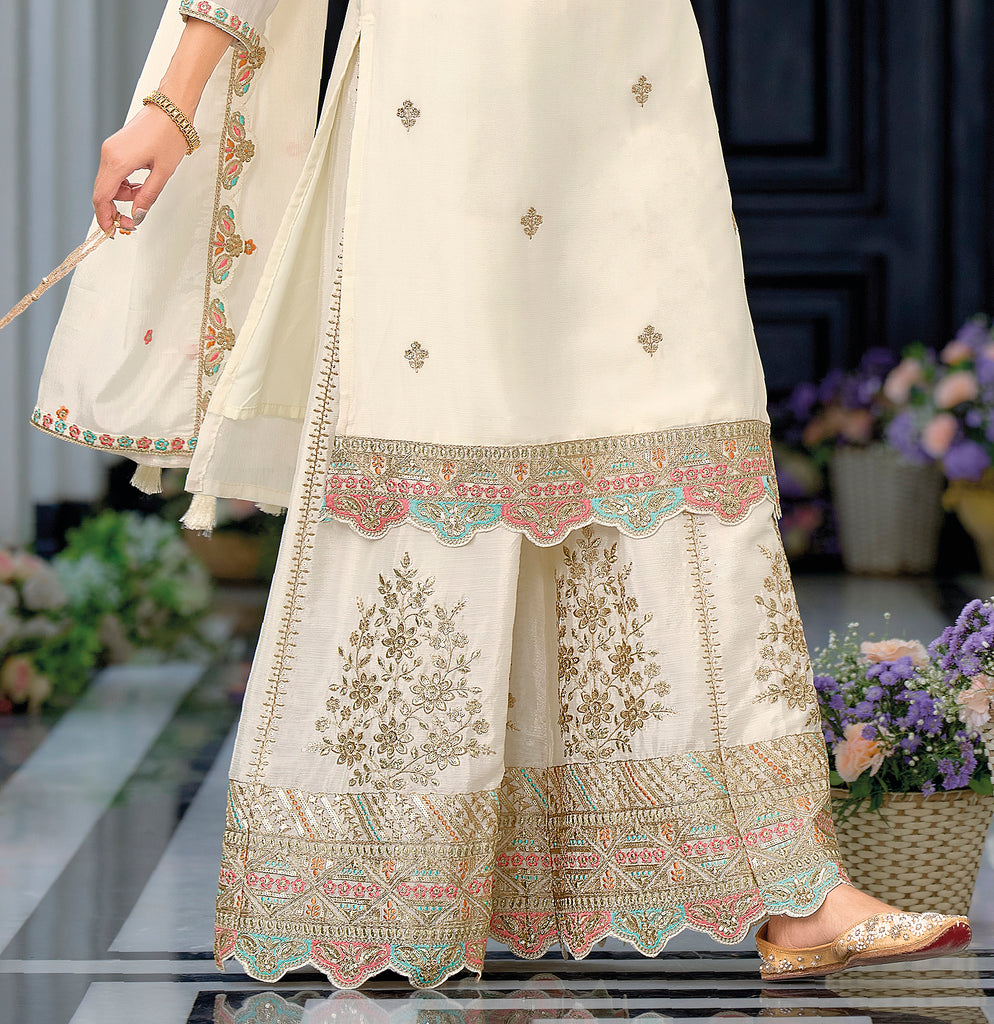 White Designer Embroidered Chinon Silk Party Wear Palazzo Suit-Saira's Boutique