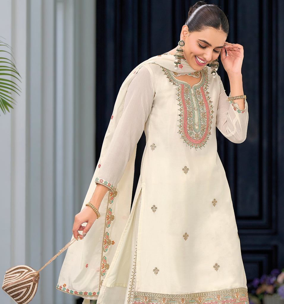 White Designer Embroidered Chinon Silk Party Wear Palazzo Suit-Saira's Boutique