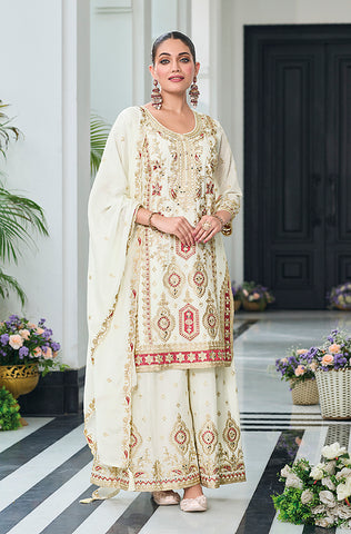 Olive Designer Embroidered Chinon Silk Party Wear Palazzo Suit