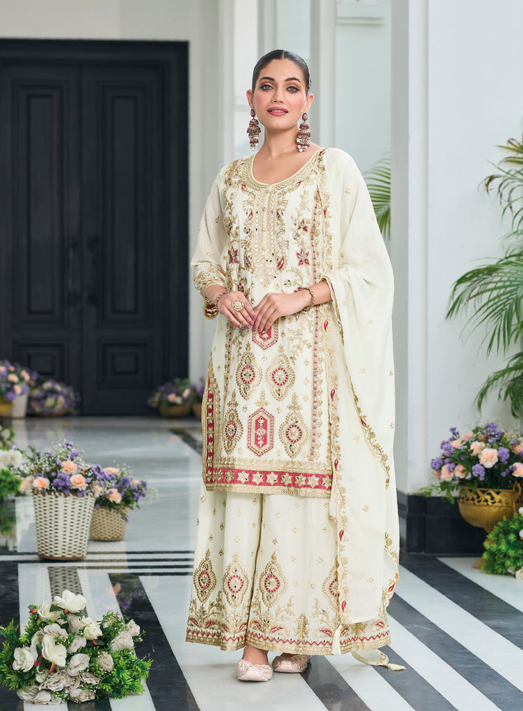 White Designer Embroidered Chinon Silk Wedding Palazzo Suit-Saira's Boutique