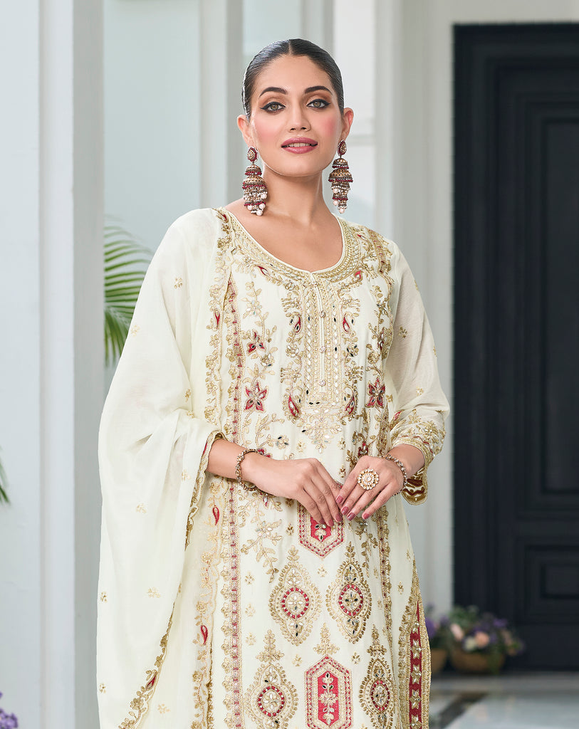 White Designer Embroidered Chinon Silk Wedding Palazzo Suit-Saira's Boutique