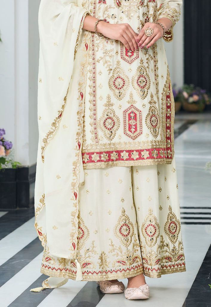 White Designer Embroidered Chinon Silk Wedding Palazzo Suit-Saira's Boutique