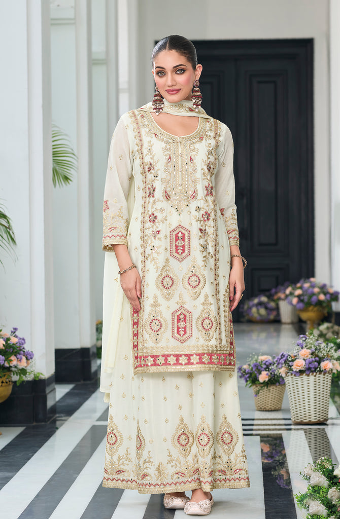 White Designer Embroidered Chinon Silk Wedding Palazzo Suit-Saira's Boutique